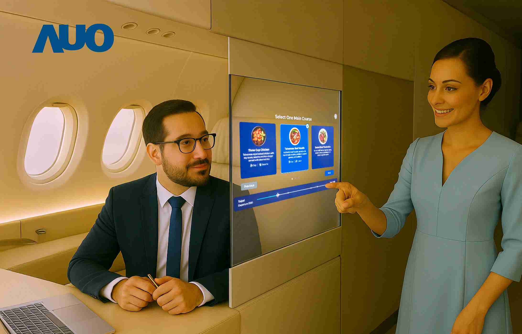 云顶国际8588yd研发全球最薄17.3 吋双面透明 Micro LED 显示器，，，可在同一屏幕之双边投射不同信息，，，，创造独特的”透明化”互动；图为实时翻译交流应用情境